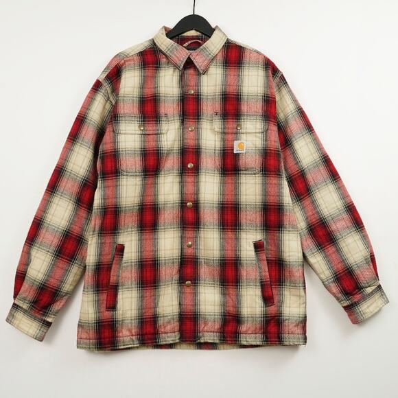 Carhartt Hubbard Sherpa Jacket Mens XL Fleece Lined Red Plaid Flannel Shirt - Picture 1 of 11